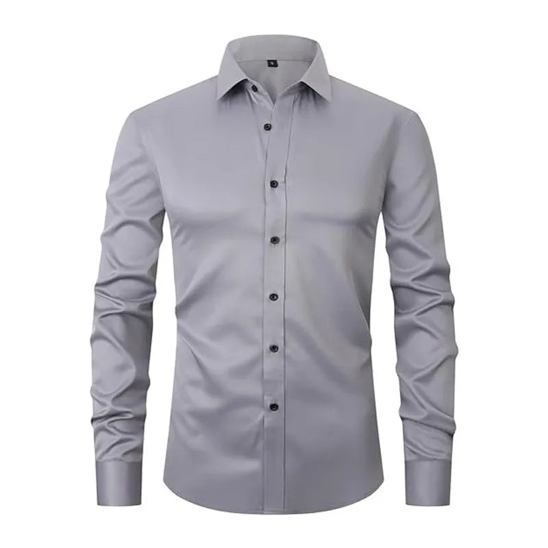 Men's stretch long sleeve work shirt in polyester fabric shown in available colours with size guidance