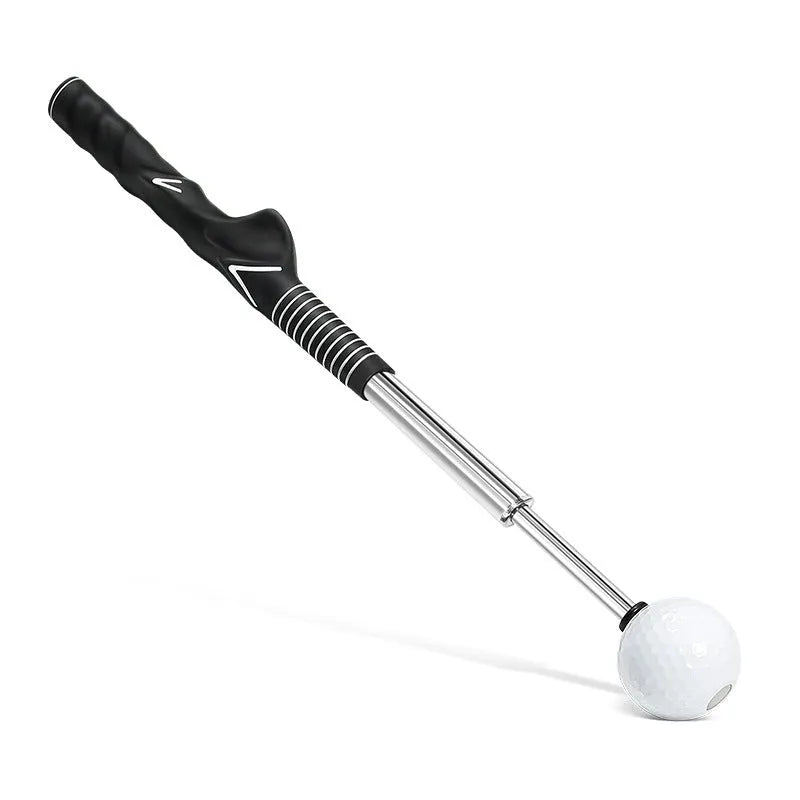 Telescopic stainless steel golf swing trainer simulator in black, blue, or red.