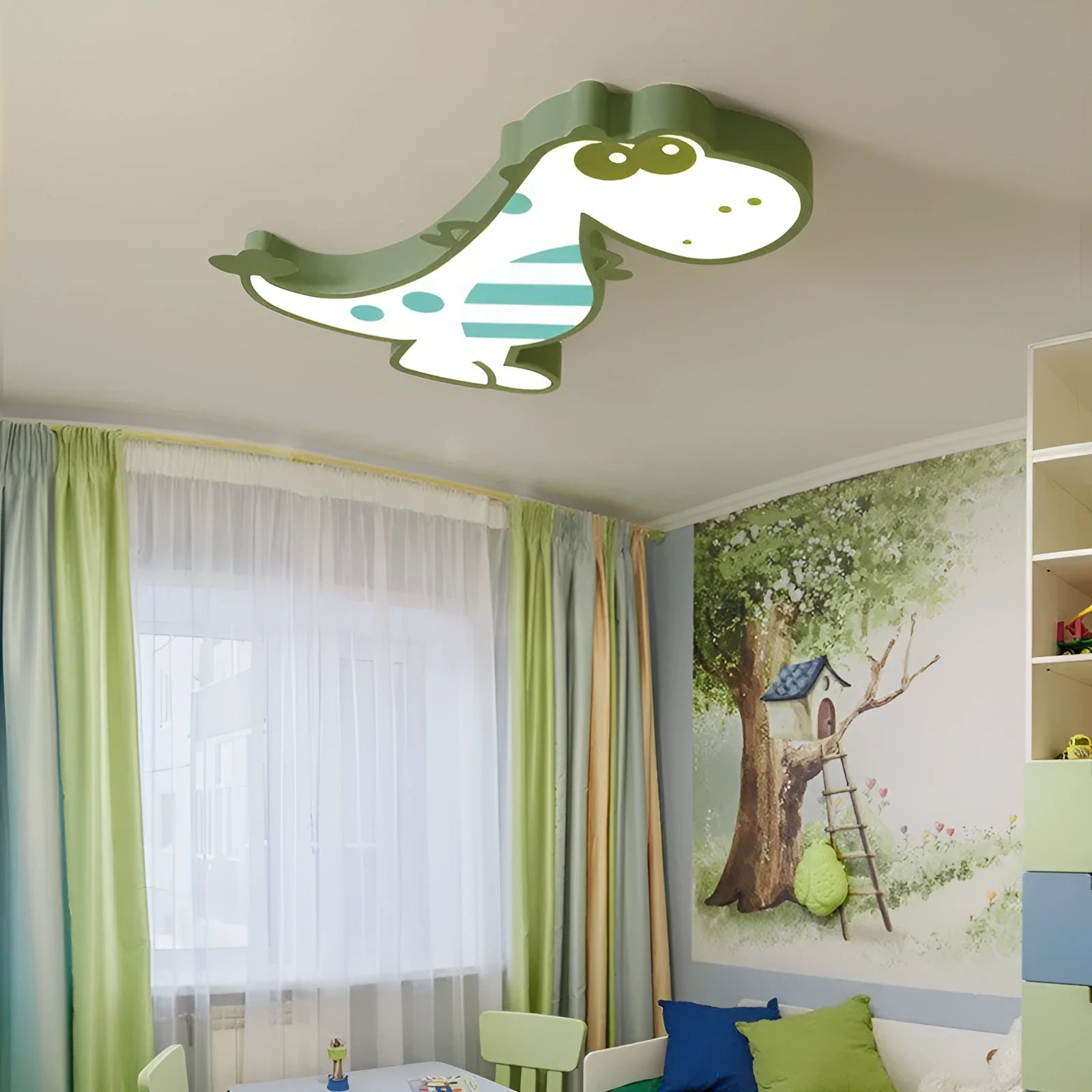Green cartoon dinosaur ceiling light with PVC shade and aluminium body, 48cm diameter