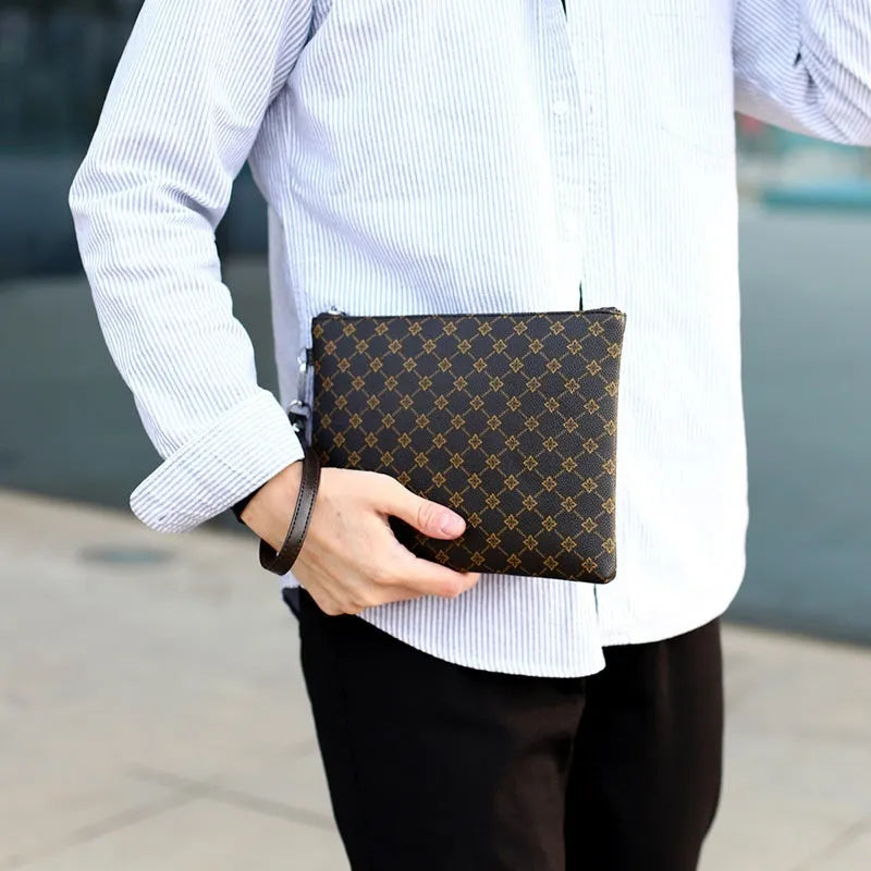 Men's PU leather gingham check clutch bag with soft carry handle and sandwich pocket