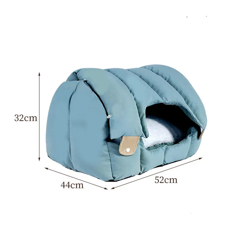 Grey dual-purpose arched cat nest shown as both an enclosed pet bed and an open sofa-style bed.