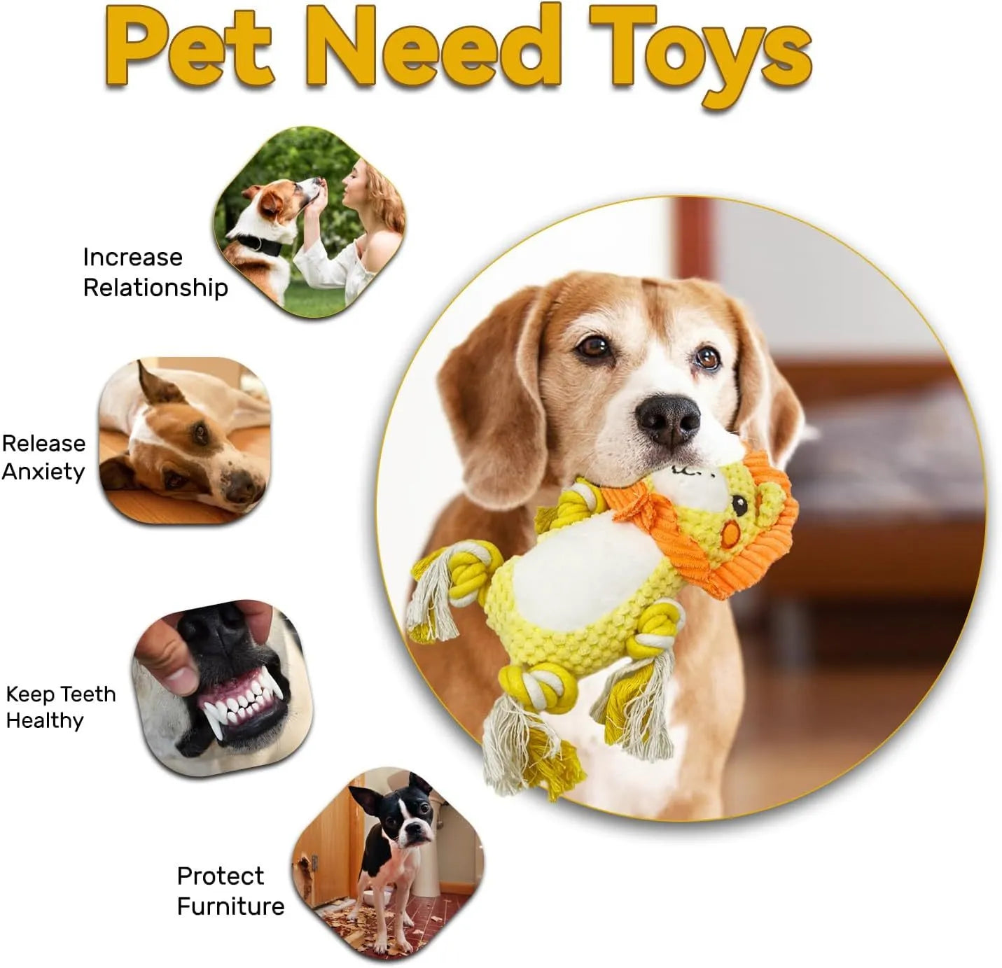 Two stuffed plush dog toys, a lion and a monkey, both featuring squeakers for interactive play.