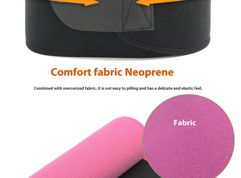 Neoprene hot lumbar support belt for fitness in black, blue, or pink colours.