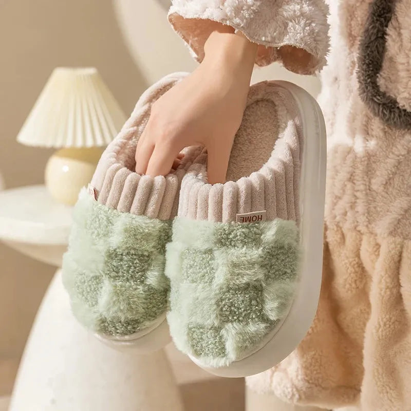 Women's plaid plush slippers in coffee colour with round toe and non-slip sole