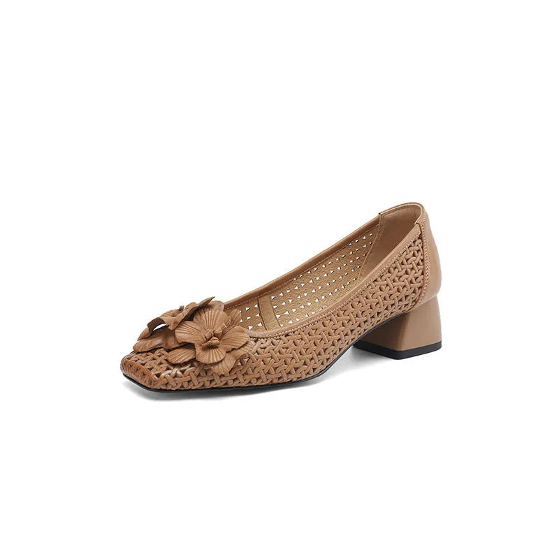 Light brown women's leather pumps with a hollow weave design and a mid-height heel.