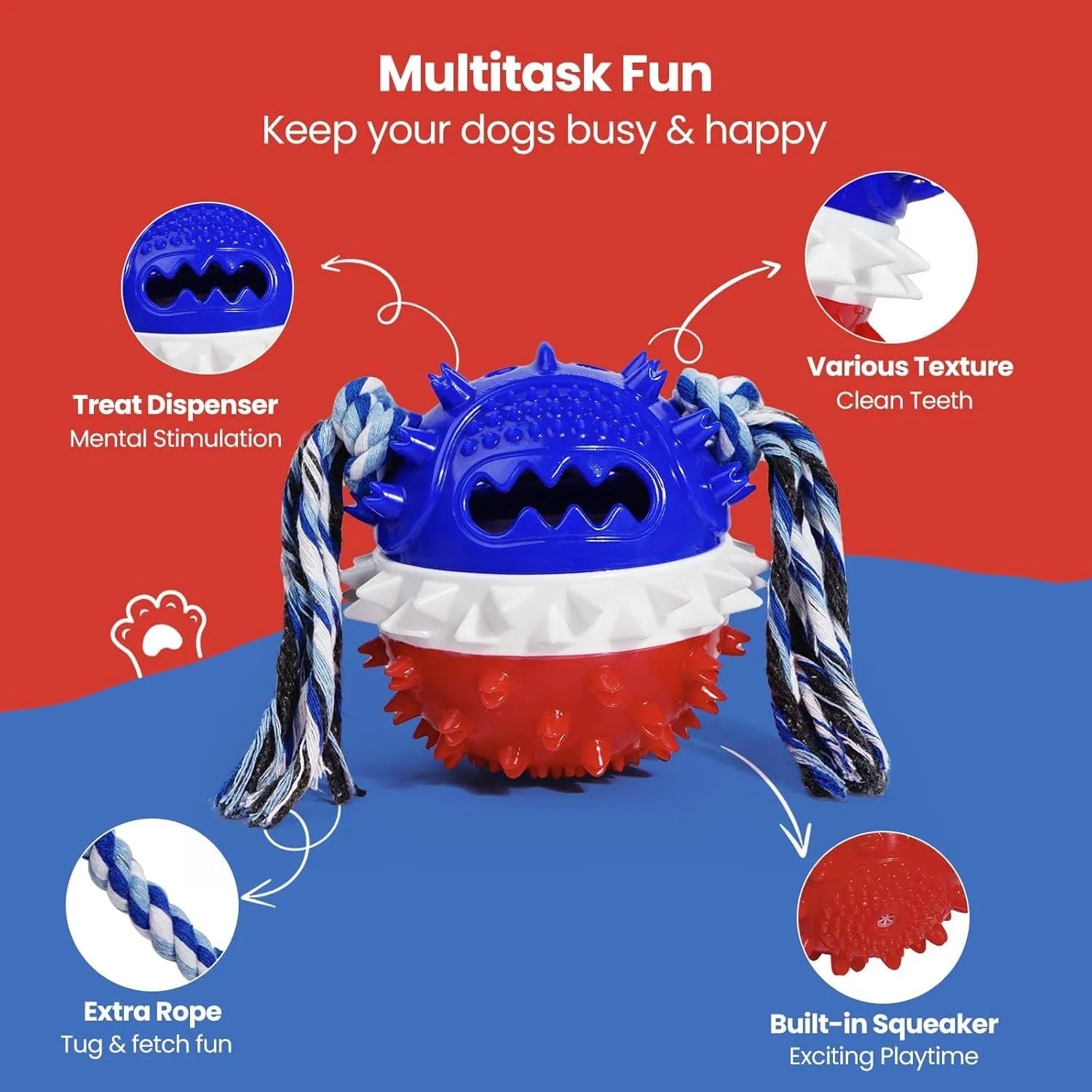Blue and red TPR rubber squeaky dog toy with treat dispenser hole and textured surface