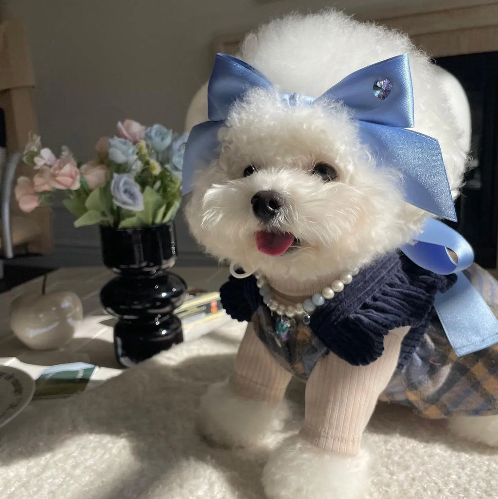 Princess style dog headdress hair band with adjustable bow on polyester cotton ribbon