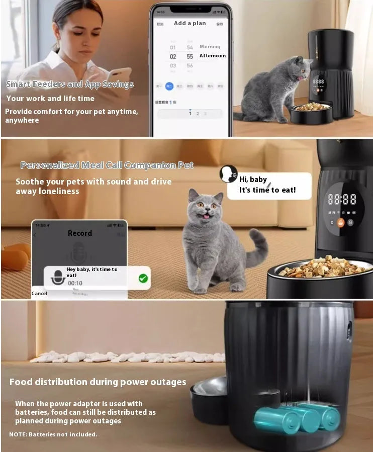 Black and white intelligent pet feeder with automatic timing and portion control for dry food