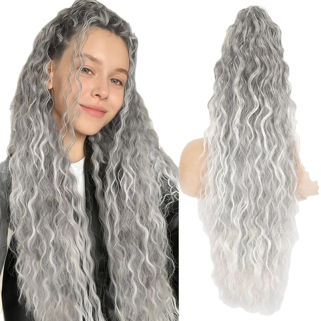 Synthetic curly ponytail wig with grip attachment in 30-inch length on display stand