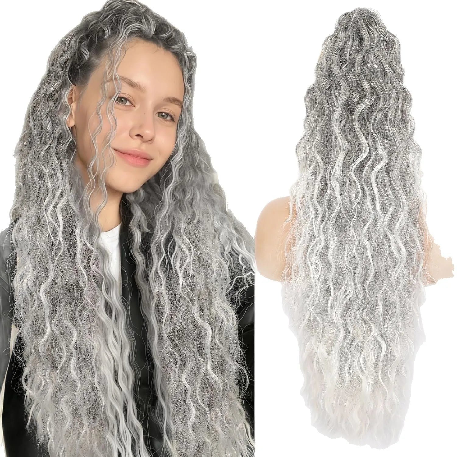 Synthetic curly ponytail wig with grip attachment in 30-inch length on display stand