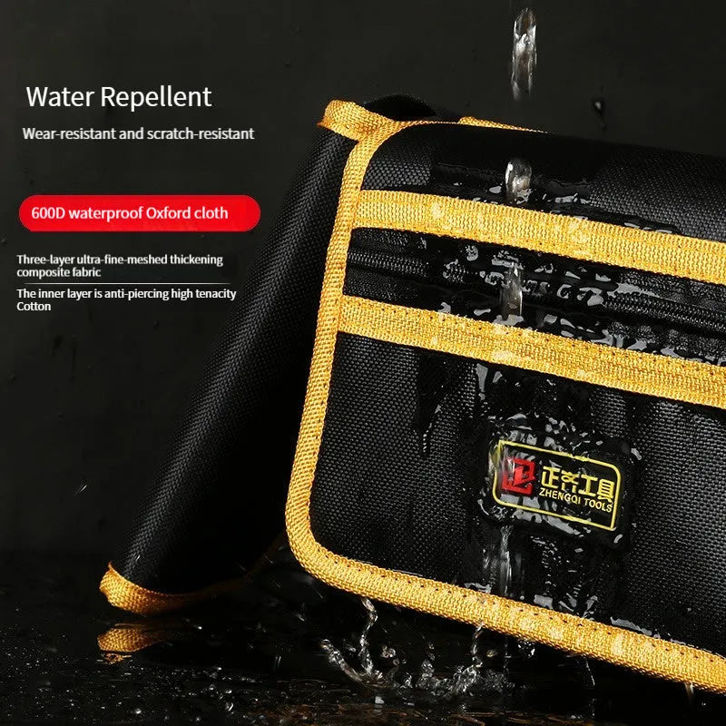 Yellow canvas electrician tool kit waist bag with multi-function storage pockets and belt loop