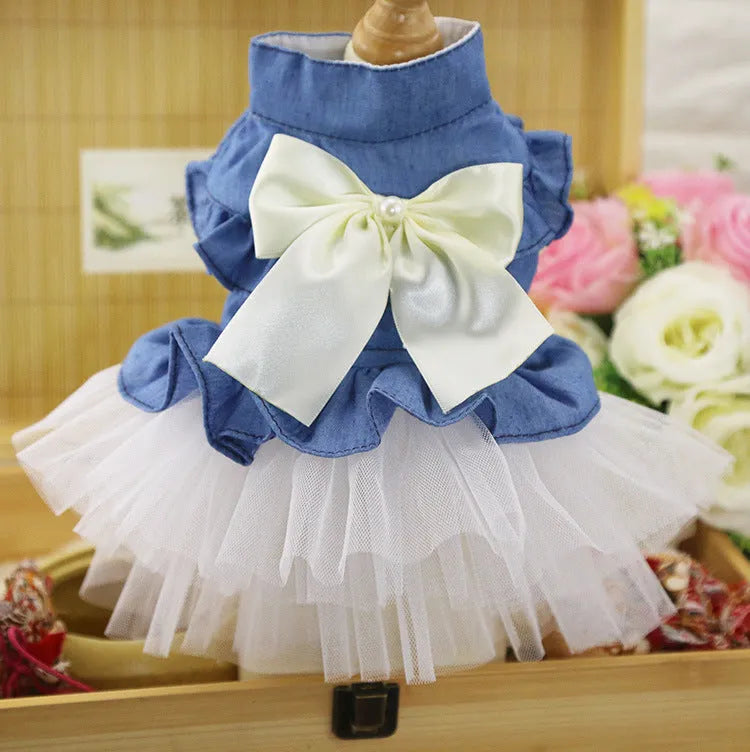 Korean denim pet skirt with creative bow detailing in pink or white yarn for small dogs