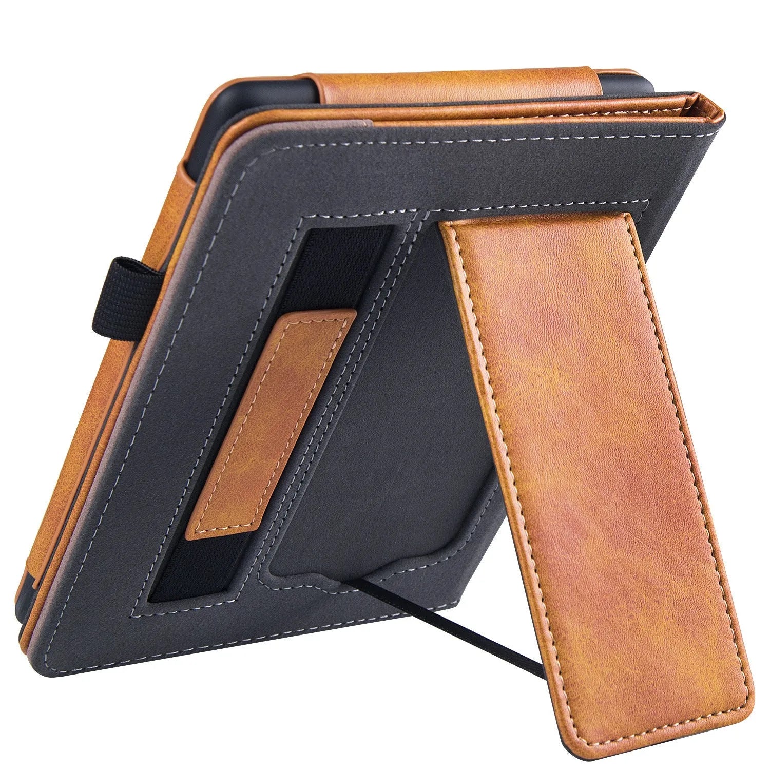 Brown calf leather case with built-in wrist splint stand for a Kindle Paperwhite 5 e-reader.
