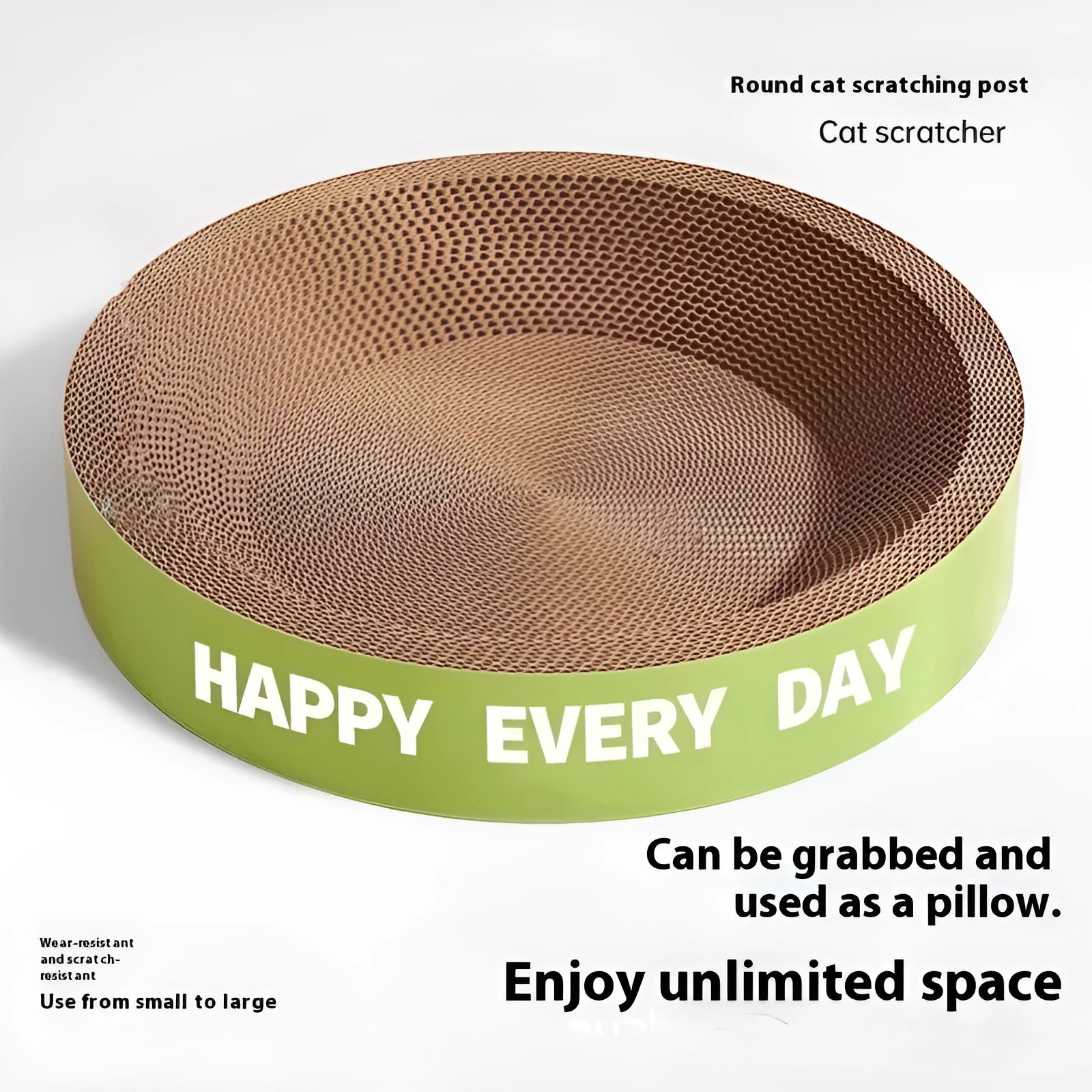 Green round-shaped cat scratching board and nest bed, showing simple style.