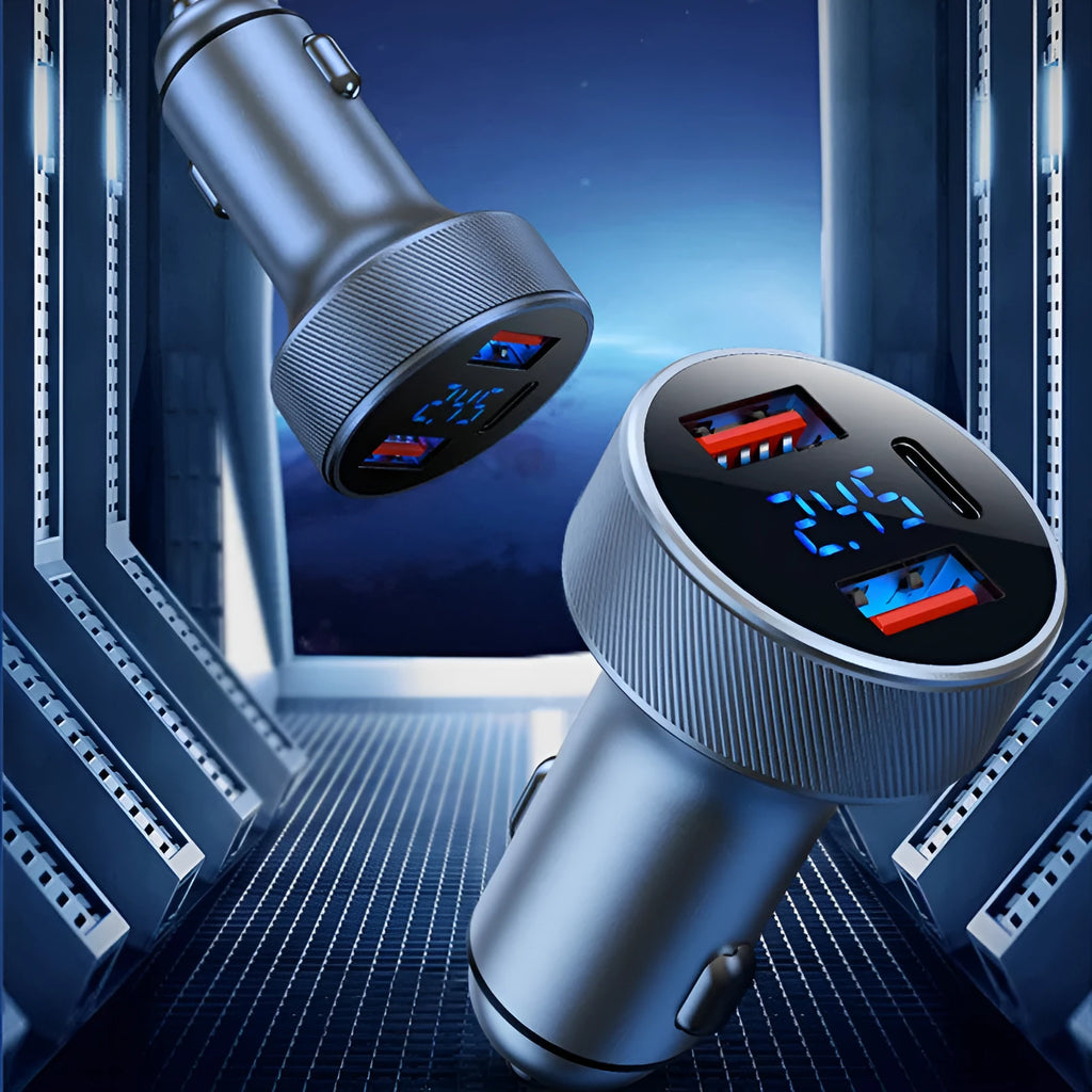 Black aluminium alloy car charger with digital display and four USB ports for vehicle use