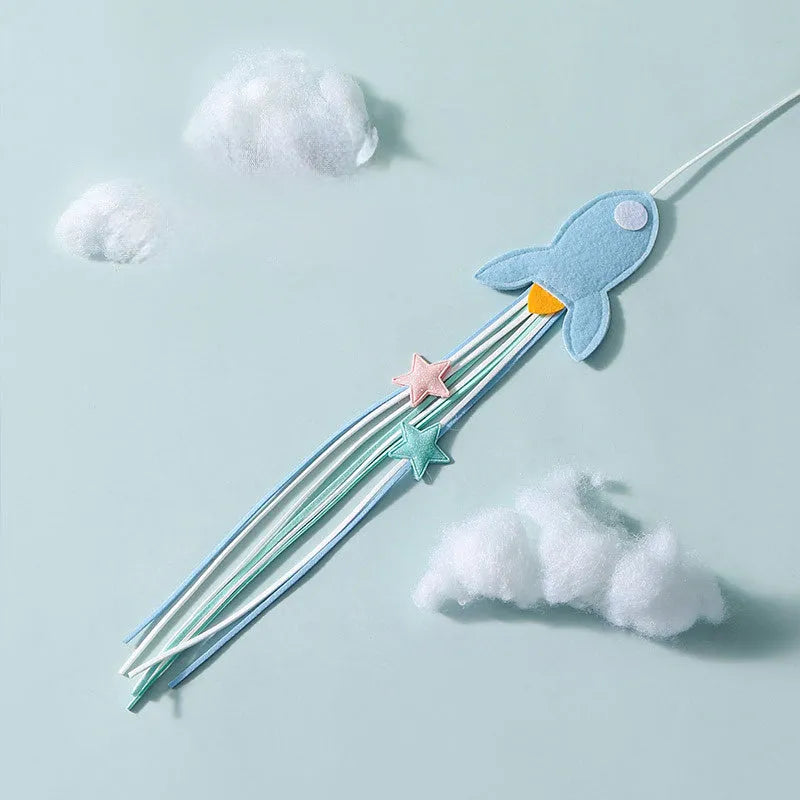 Blue cat teaser toy on a long pole with white feathers and an inflated ego component.
