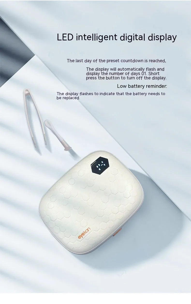 Blue automatic ultrasonic contact lens cleaning machine on a white background.