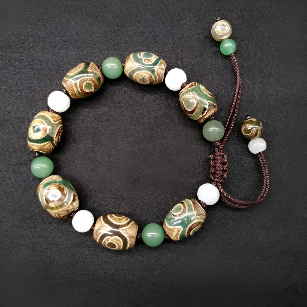 Green agate Tibetan beads bracelet with three-eye design and geometric ethnic patterns