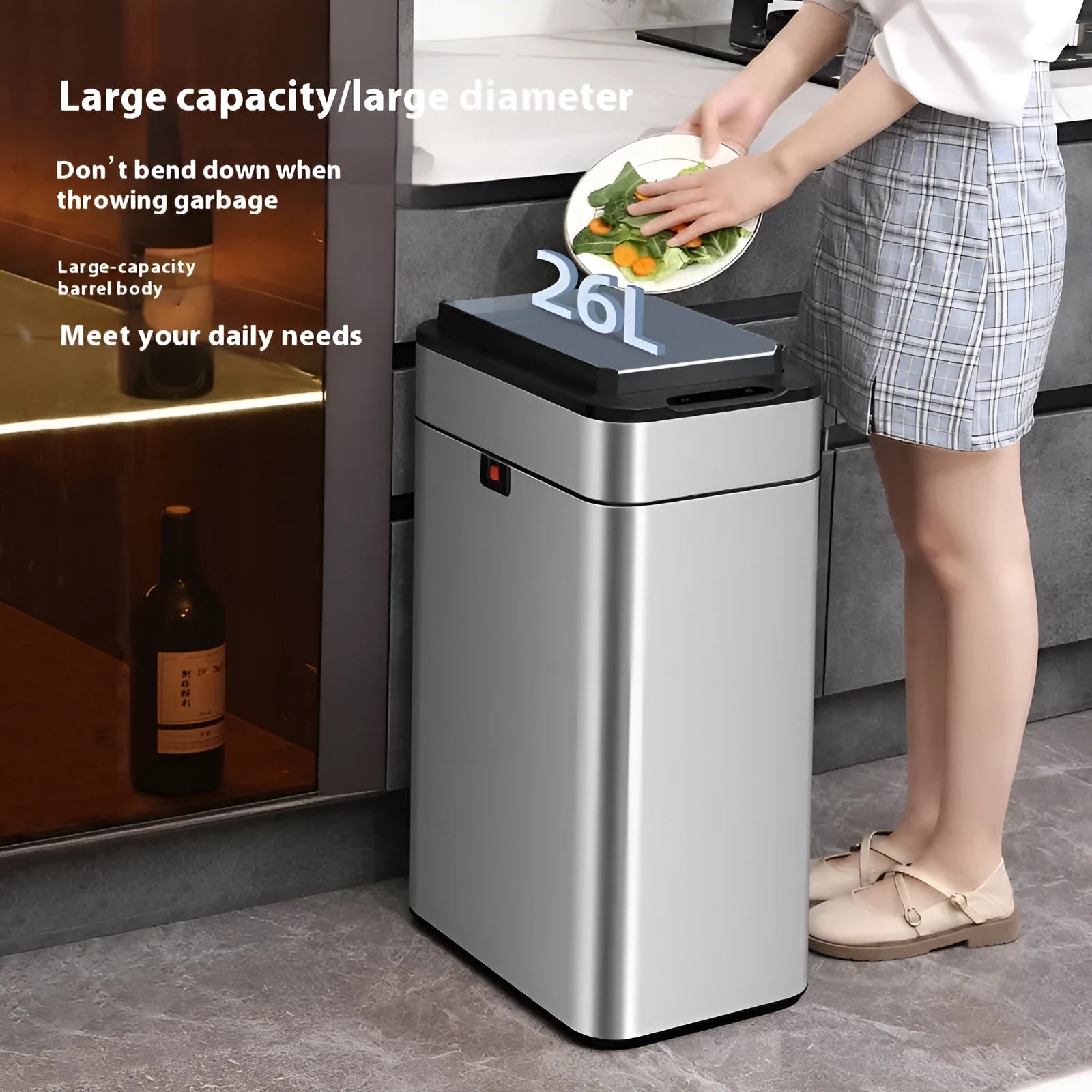 Stainless steel square inductive smart trash can with automatic lid and deodorising function.
