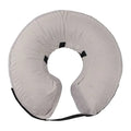 Blue inflatable pet recovery collar shown beside size chart with five measurement options