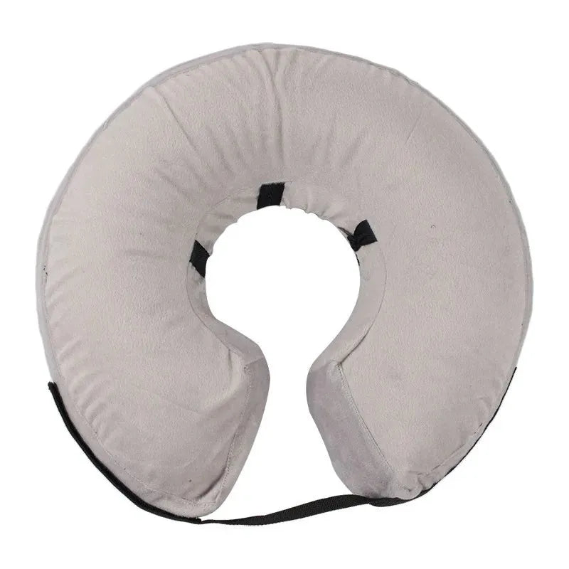 Blue inflatable pet recovery collar shown beside size chart with five measurement options
