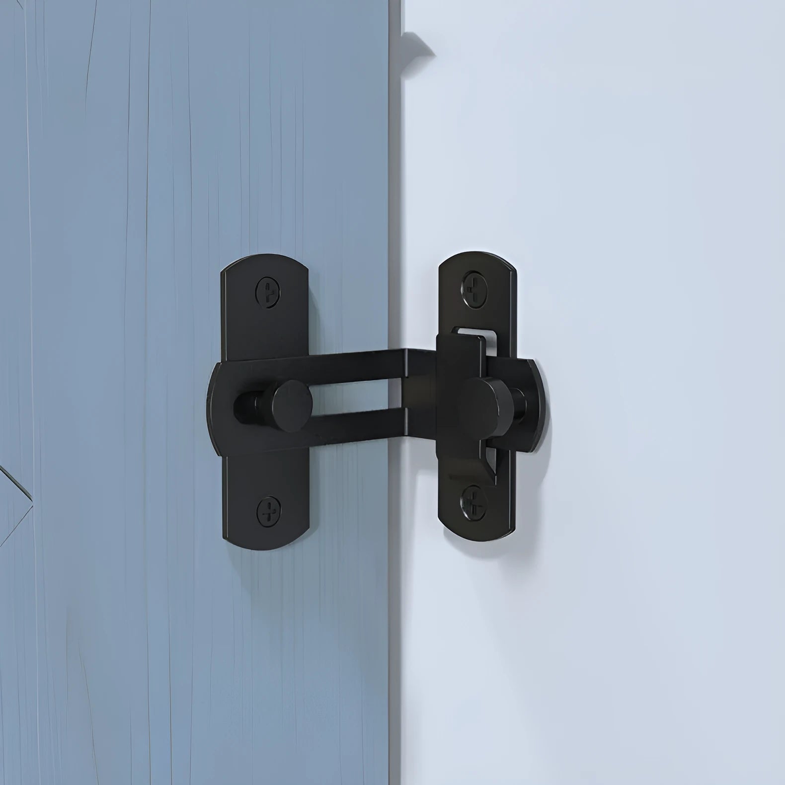 American-style 90-degree sliding door lock for barns, in black carbon steel or stainless steel finish.