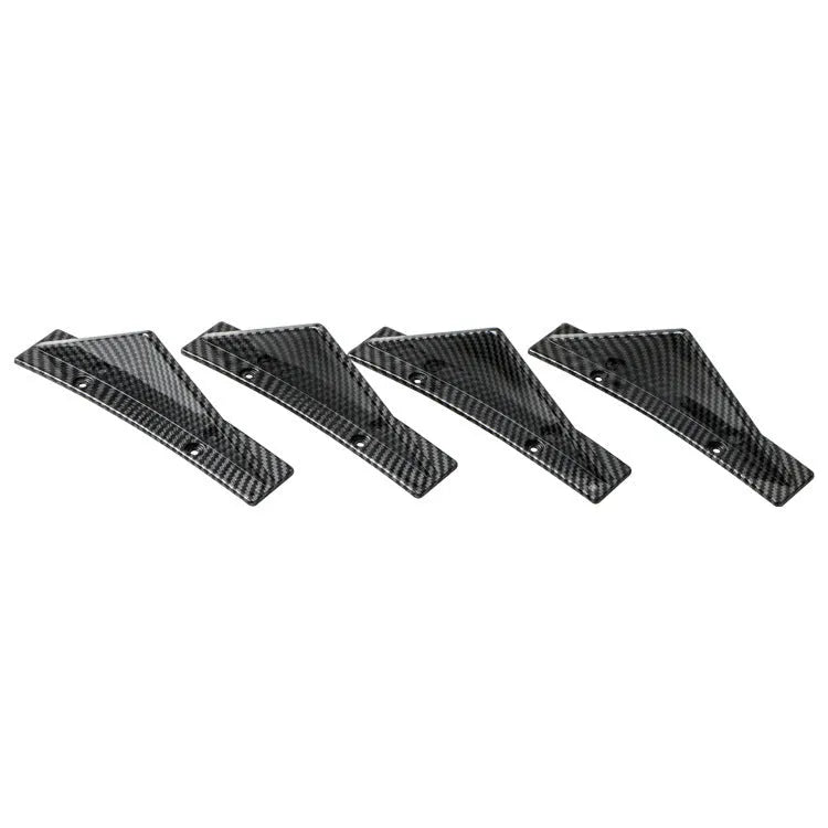 Set of four universal triangle rear spoilers for cars in bright black and carbon fibre finishes