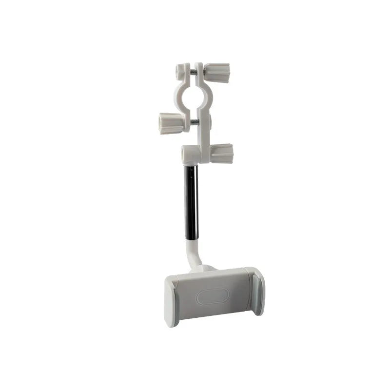 Black ABS car phone holder mounted on a rearview mirror showing 360-degree rotation mechanism