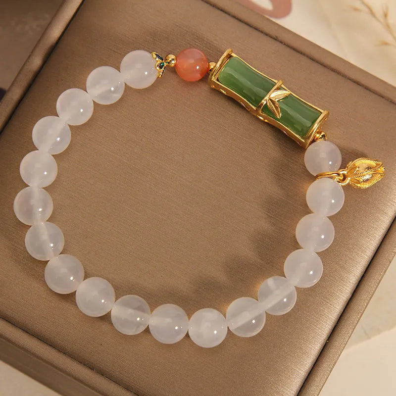 White agate jasper and jade bamboo beaded bracelet in traditional Chinese style for women