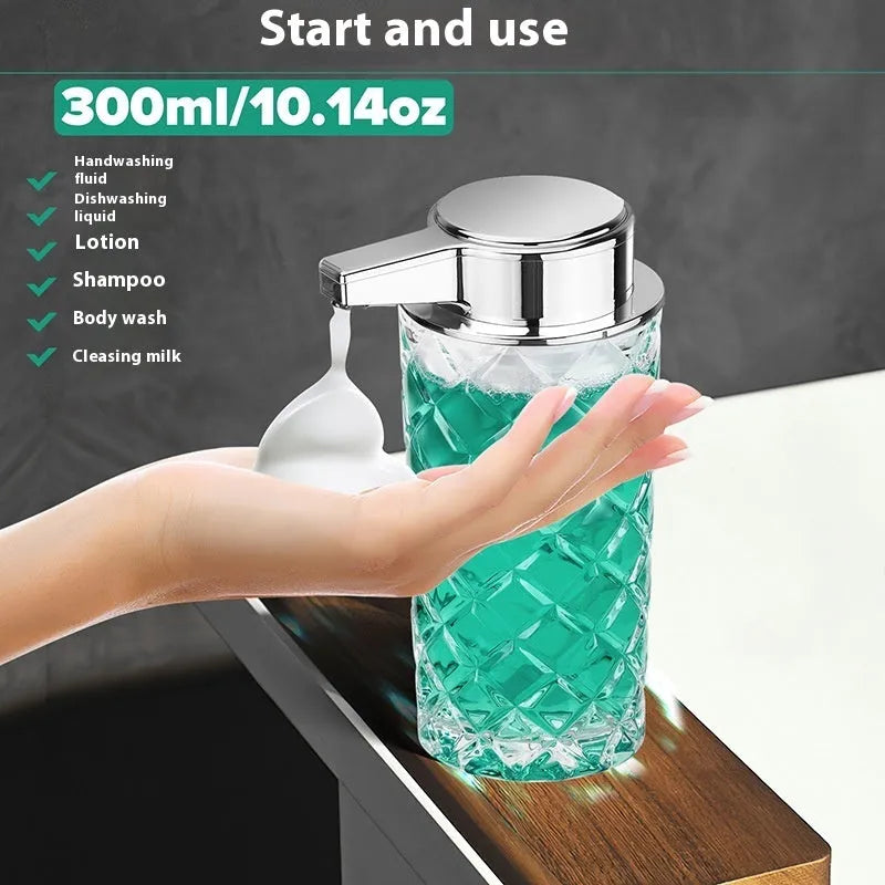 White automatic sensor soap dispenser with silver finish and Type-C charging port on a bathroom countertop.