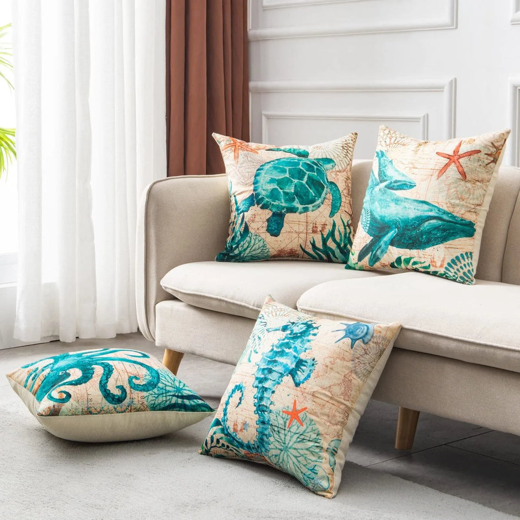 Sea turtle printed linen cushion cover 45x45cm with invisible zipper closure
