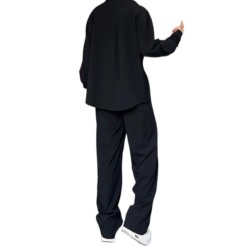 Men's casual two-piece suit with long sleeve polo shirt and trousers in black or apricot colours