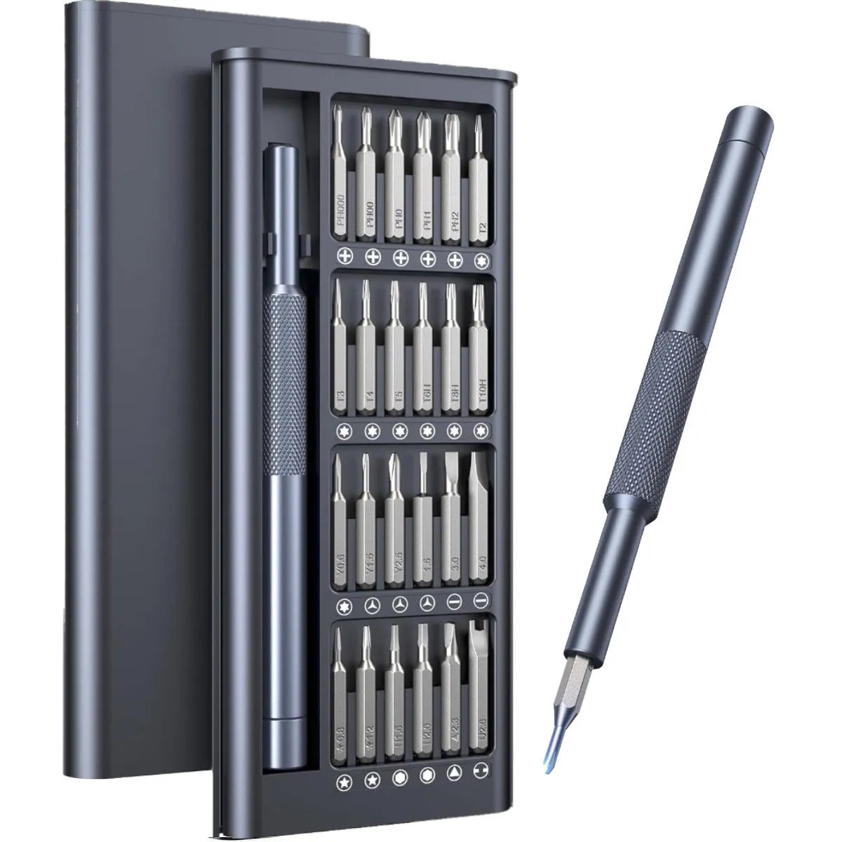 25-in-one magnetic screwdriver set with chrome vanadium steel shaft and compact 110mm length.
