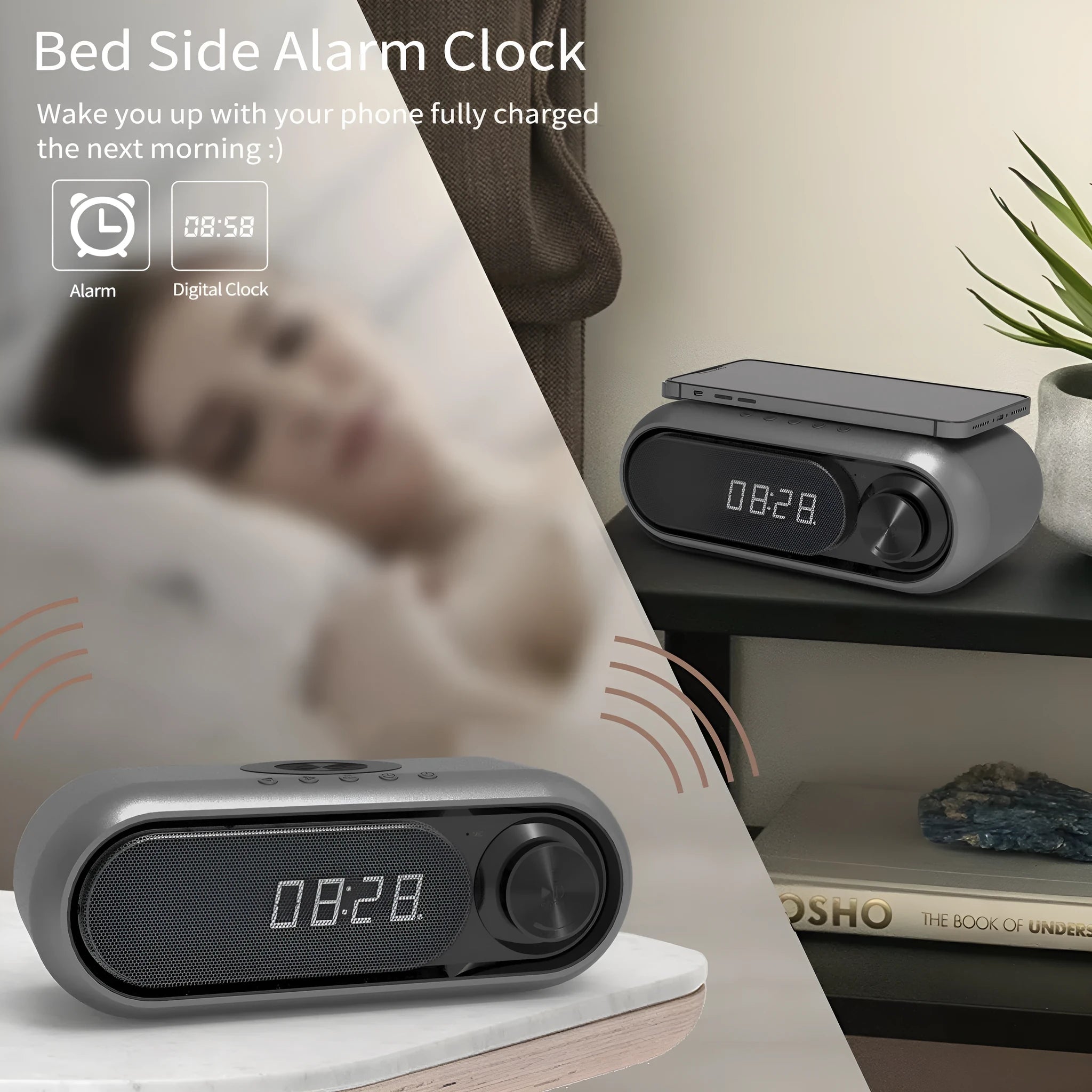 Bedside wireless charging alarm clock with Bluetooth audio and LED display in space grey