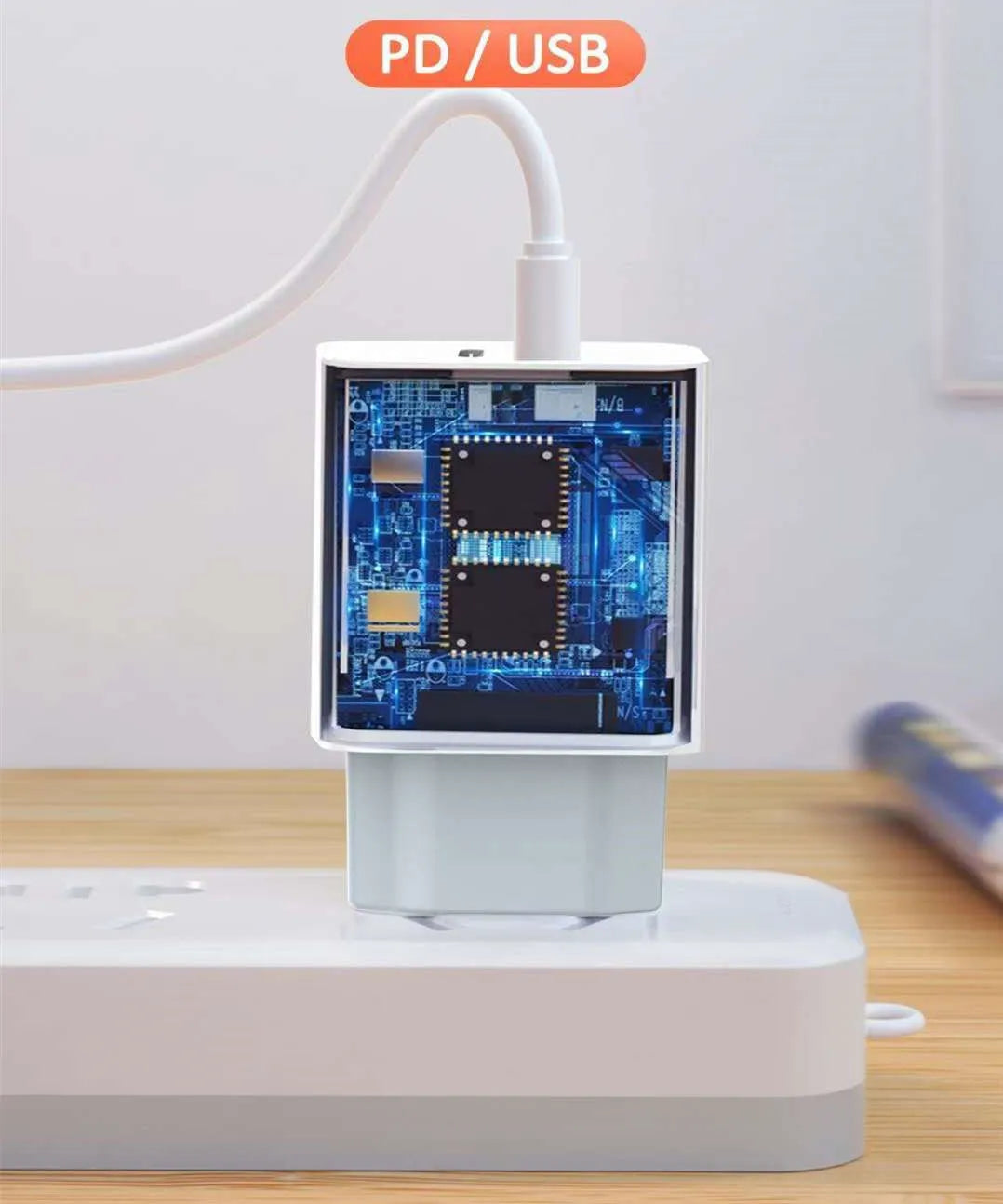 Travel charger with fast charge PD interface for Android phones in bare metal finish