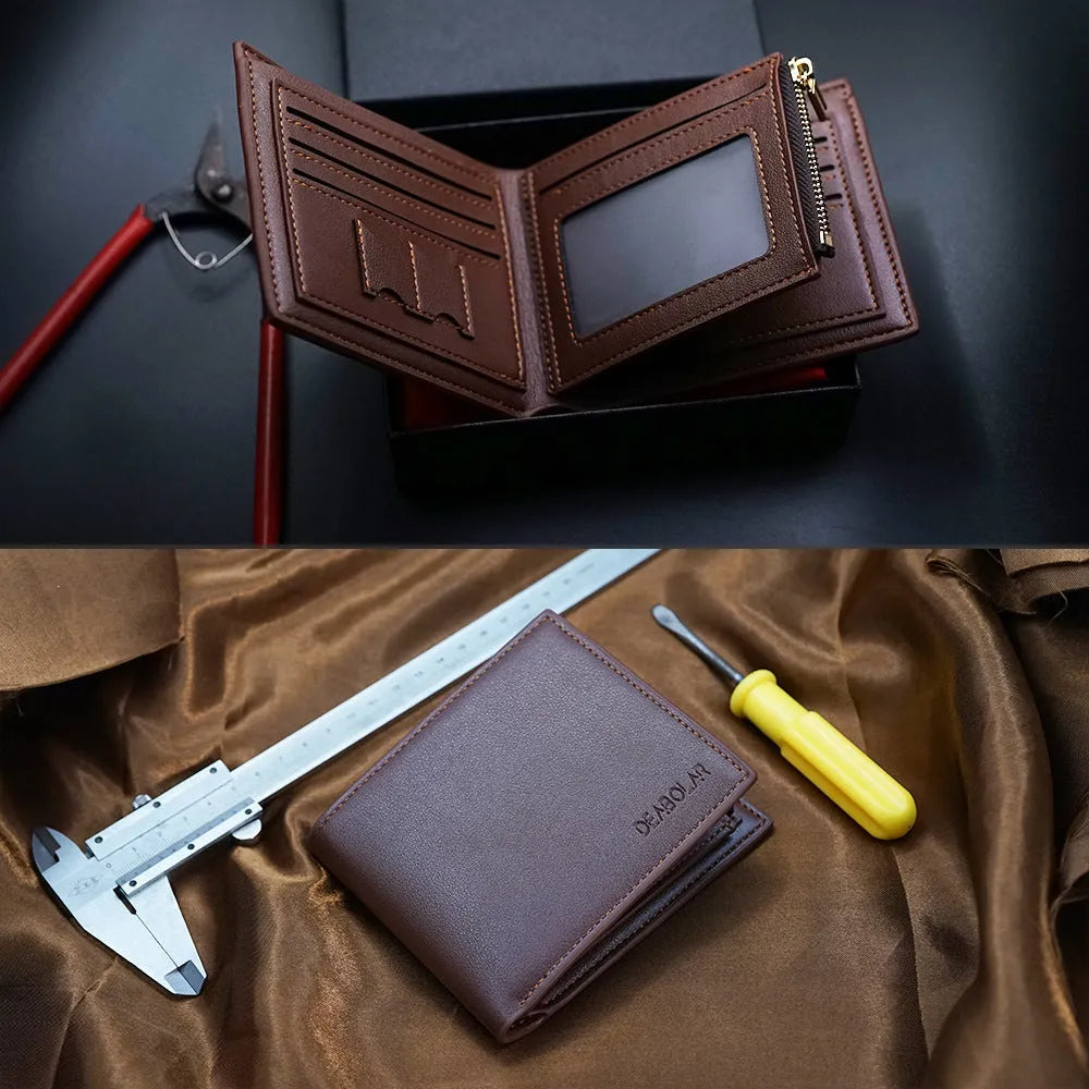 Men's brown leather zip wallet presented in gift packaging