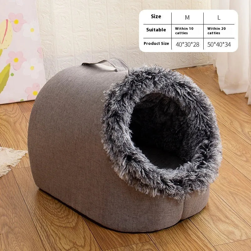 Fleece-lined closed cat nest sleeping bag in grey colour showing enclosed design
