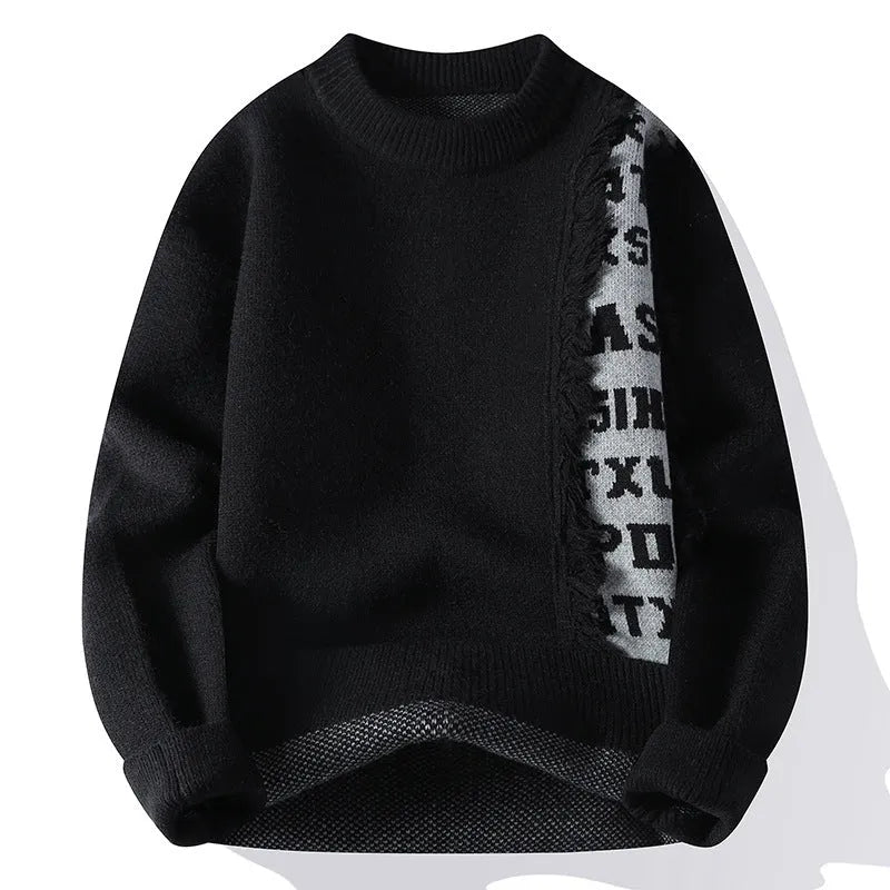 Men's loose fit grey knitted pullover jumper with long sleeves and a ribbed hemline.
