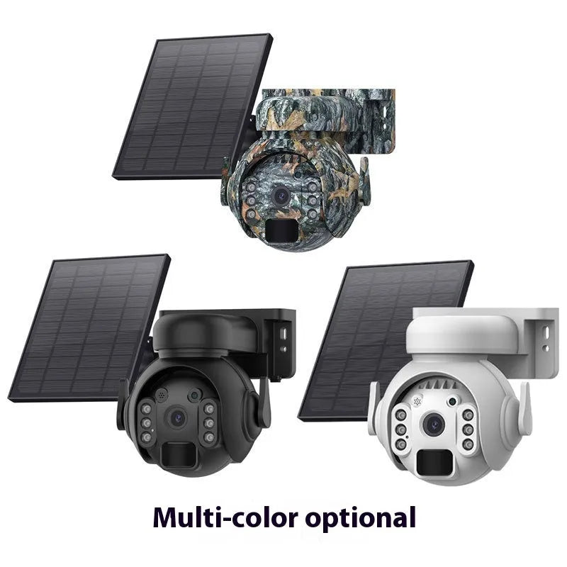 White solar-powered security camera with solar panel on top, mounted on an outdoor wall