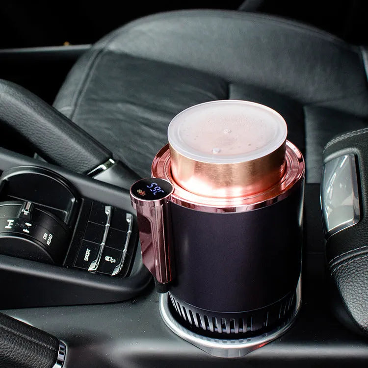 Black 12V car cup warmer and cooler with digital temperature display placed in a car cup holder.