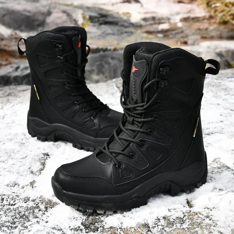 Men's cowhide leather hi-top hiking sneaker in beige, suitable for running, climbing and camping.