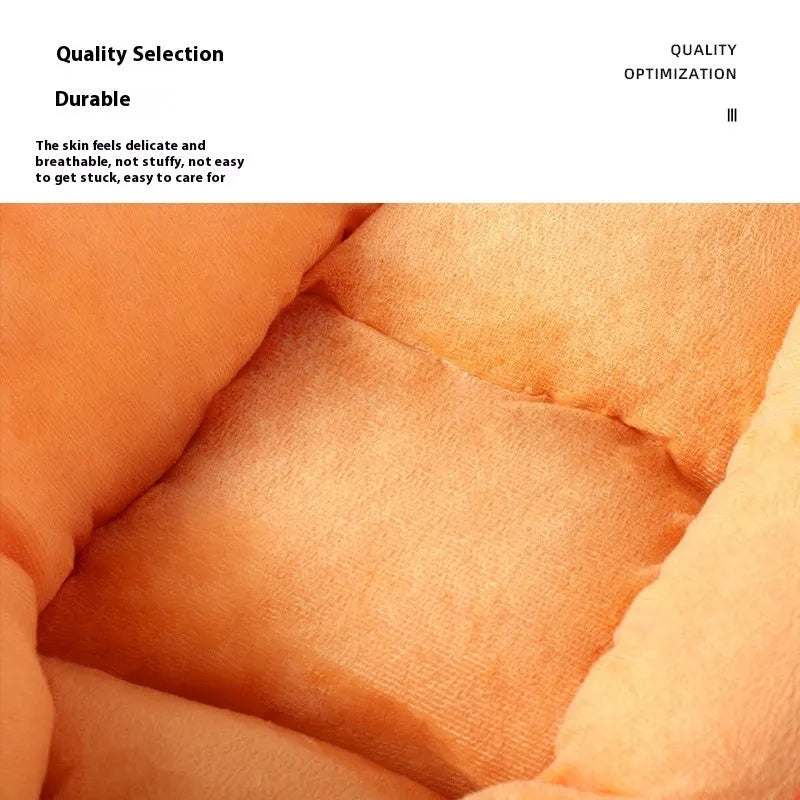 Carrot-themed double-sided washable cloth pet mattress for dogs, shown in medium and large sizes.