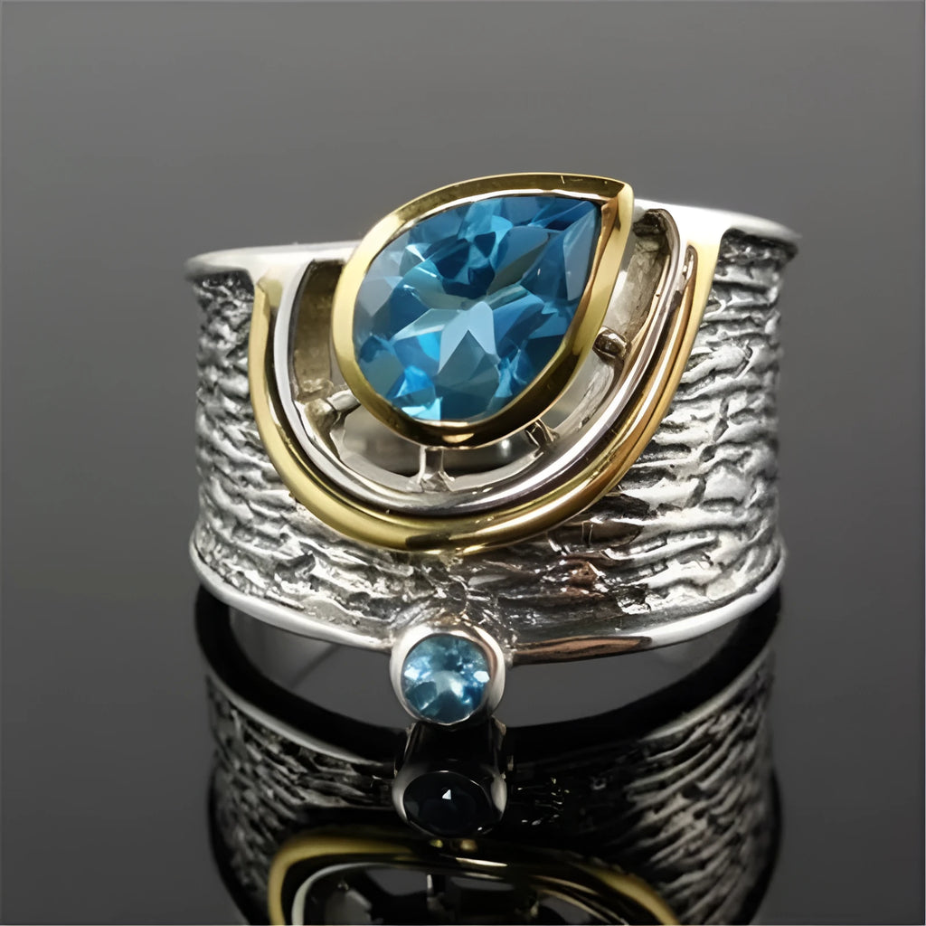 Blue rhinestone Chinese style women's ring with drop shape design and inlaid zircon elements