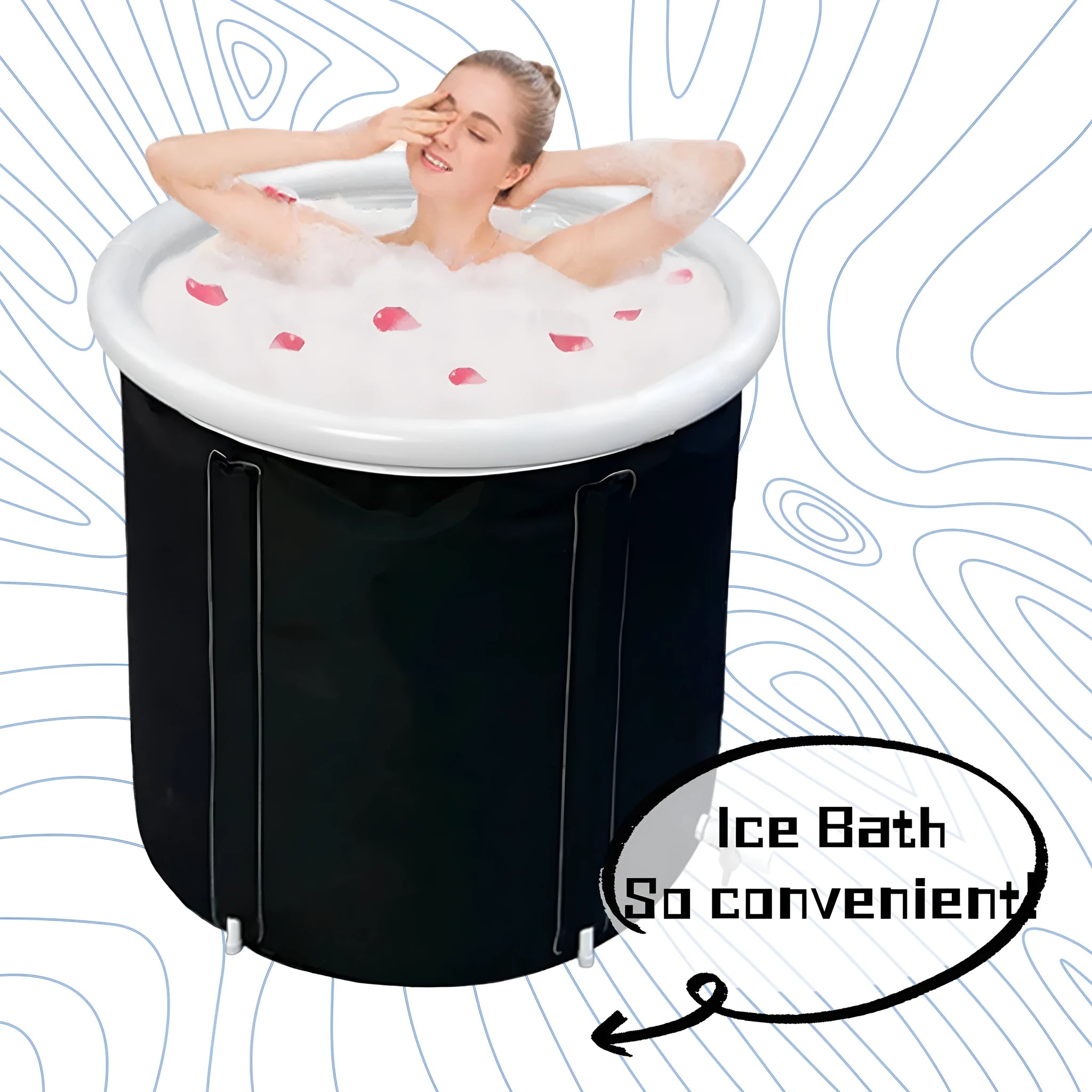 Black portable inflatable ice bath tub with weather lid showing 70x80cm dimensions for cold therapy recovery