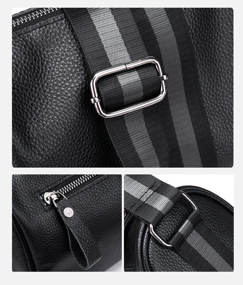 Black genuine leather crossbody shoulder bag showing front view and dimensions