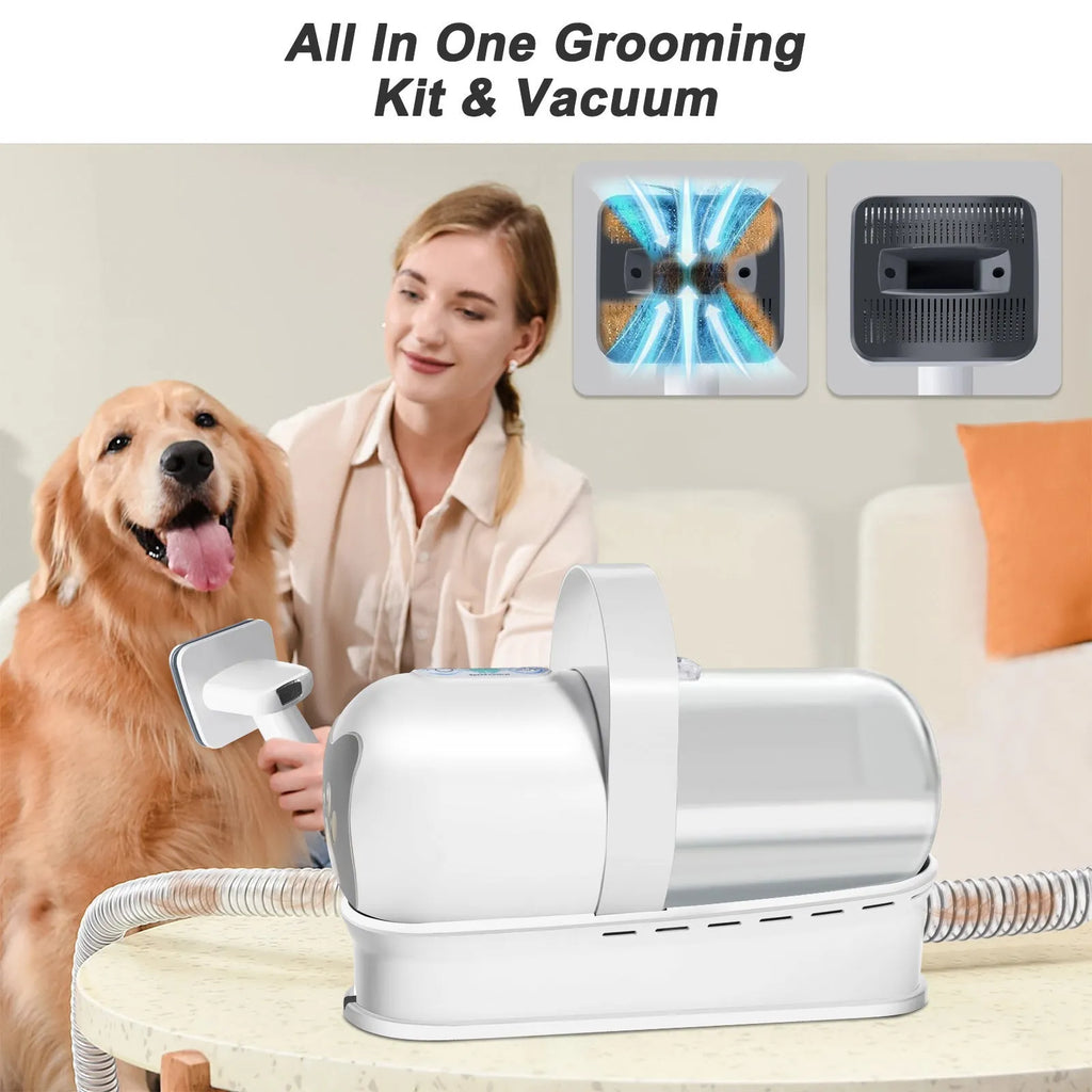 White cordless vacuum pet grooming device with multiple attachment heads for dog coat trimming