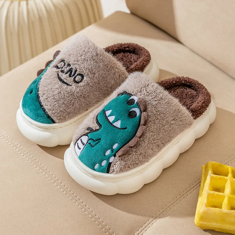 Plush cotton couple slippers with thickened soles in dinosaur-themed colours