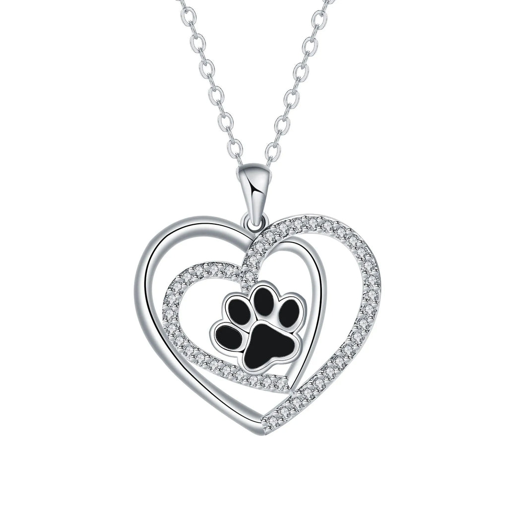 Women's dog paw print heart necklace on a cross chain, electroplated copper pendant.