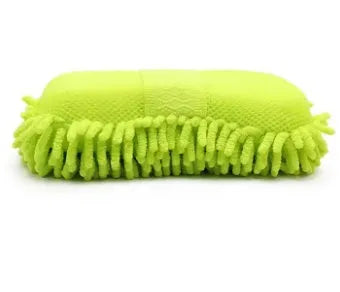 Silvery green chenille microfibre car wash sponge showing textured surface, with dimensions 14cm by 25cm.