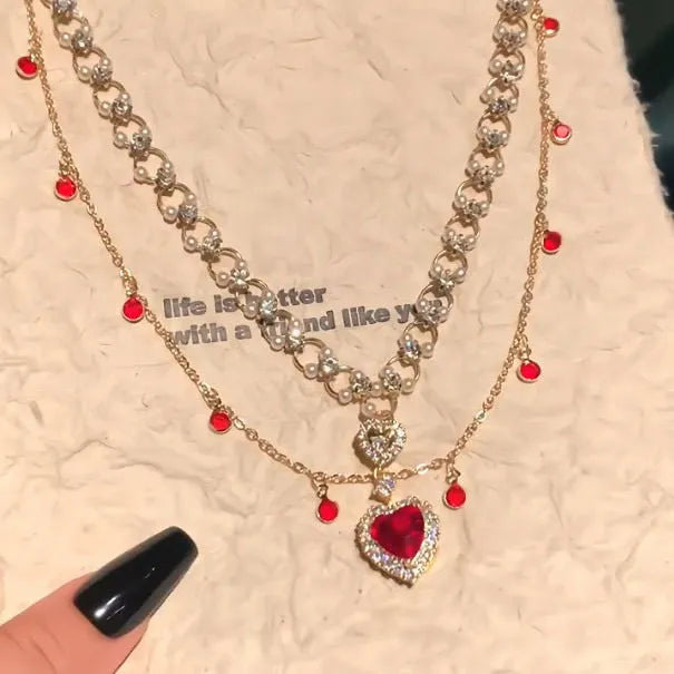 Red love heart pendant on double layer adjustable alloy necklace